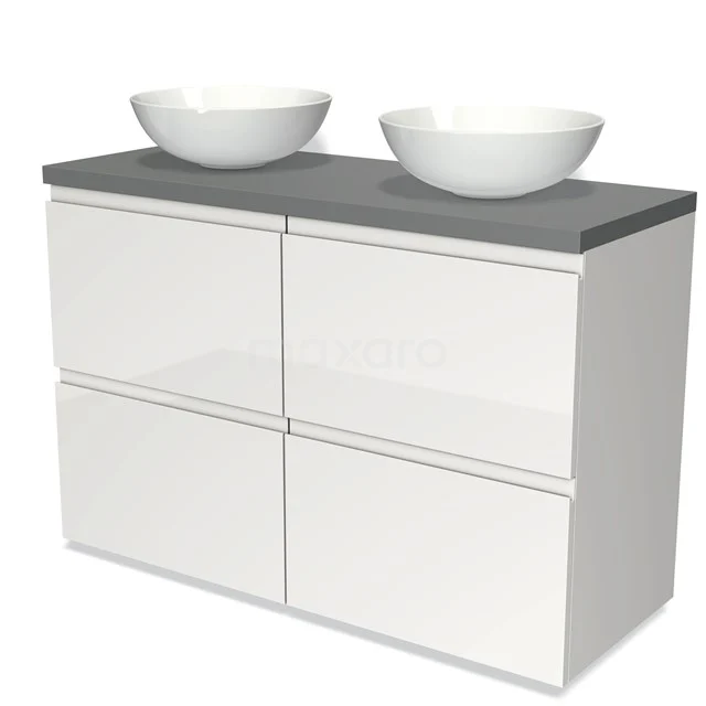 Weißes Badezimmermöbel mit grauer Steinplatte, Doppelwaschbecken, modernes Design, ideal für stilvolle Badezimmergestaltung.