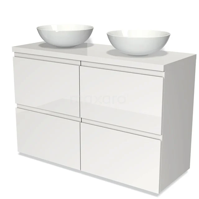 Moderne weiße Badmöbelset mit Doppelwaschbecken und glänzender Oberfläche, geeignet für stilvolle Badezimmerlagerung.