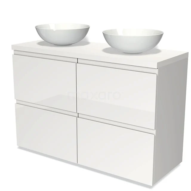 Badmöbel für Waschtischunterschrank mit Konsole 120cm Modulo Plato Hochglanz Weiß 4 hohe Schubladen Grifflos Matt Weiß Platte BMK14-00116 Weiße Badmöbelset mit doppeltem Aufsatzwaschbecken, schlankem Design und Softclose-Schubladen, perfekt für moderne Bäder.