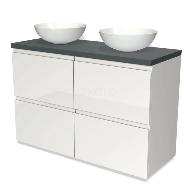 Weißes Badezimmermöbel mit Doppelwaschbecken, schwarzer Platte und vier grifflosen Schubladen, modernes Design aus Hochglanzmaterial.