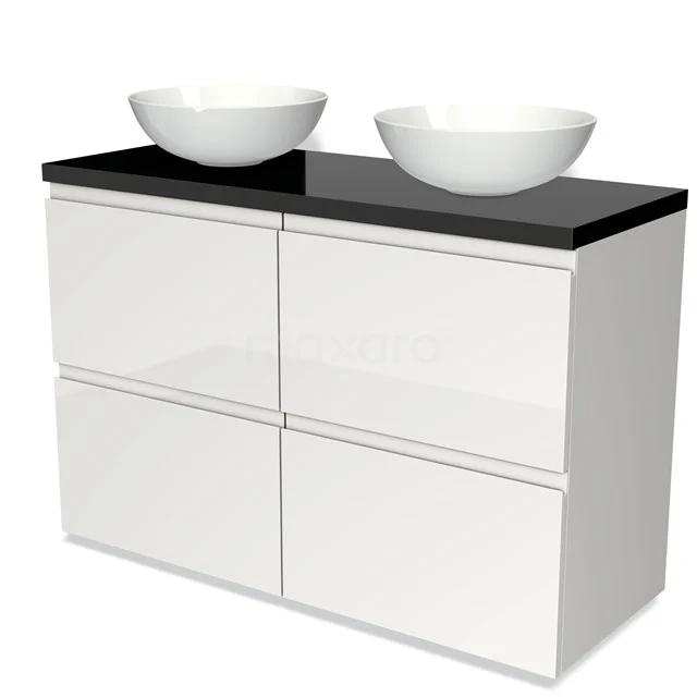 Weißes Badmöbel mit Hochglanzoberfläche, schwarzer Platte und zwei runden Waschbecken, modernes Design.