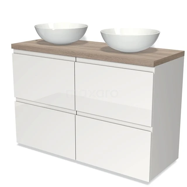 Weißes schwebendes Badmöbel mit Holzlook-Platte und zwei runden Aufsatzwaschbecken, modernes Design für stilvolle Bäder.