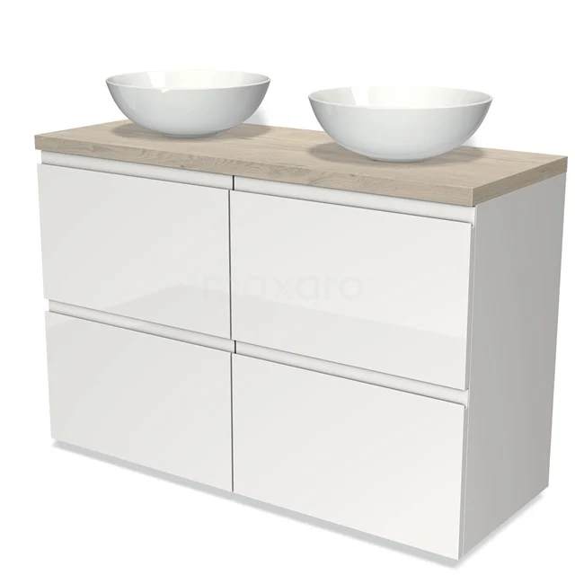 Modulo Plato Badmöbel mit Aufsatzwaschbecken | 120 cm Hochglanz Weiß Grifflos front Hellgraue Eiche blatt 4 hohe Schubladen BMK14-00120 Weißes Badezimmermöbel mit Holzlook Platte, vier Schubladen und zwei Aufsatz Waschbecken, modernes Design für ein stilvolles Badezimmer.