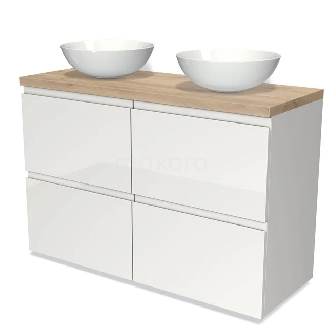 Modulo Plato Badmöbel mit Aufsatzwaschbecken | 120 cm Hochglanz Weiß Grifflos front Hellbraune Eiche blatt 4 hohe Schubladen BMK14-00121 Badezimmermöbel weiß hochglänzend mit Holzlook Platte und doppelten Aufsatzwaschbecken, modernes Design für stilvolle Badezimmerinrichtung.