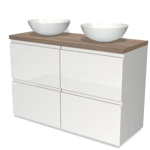 Weißes Badezimmermöbel mit doppelten Aufsatzwaschbecken, Holzplatte und grifflosen Schubladen, modernes Design.