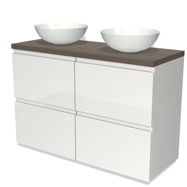 Weißes Badezimmermöbel mit vier Schubladen, Holzlook Platte und zwei runden Aufsatzwaschbecken, ideal für moderne Bäder.