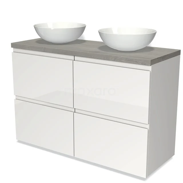 Modulo Plato Badmöbel mit Aufsatzwaschbecken | 120 cm Hochglanz Weiß Grifflos front Graue Eiche blatt 4 hohe Schubladen BMK14-00124 Weißes Badezimmermöbel mit Betonplatte, doppelten Aufsatzwaschbecken und grifflosen Schubladen für einen modernen Stil.