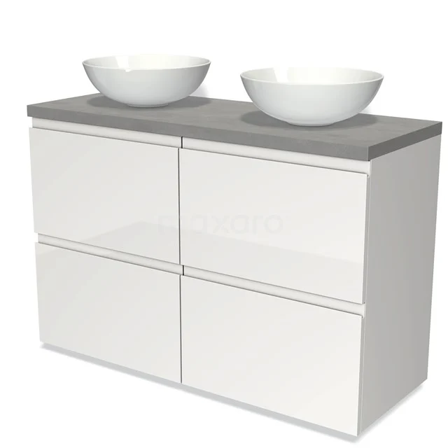 Weißes Badezimmermöbel mit doppeltem Aufsatzwaschbecken, graue Holzplatte; modernes Design, ideal für stilvolle Badezimmerlagerung.