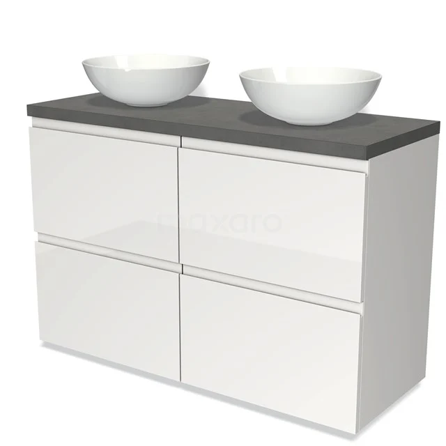 Weiße Hochglanz-Badmöbelset mit vier Schubladen, schwarzer Holzoptik Platte und zwei weißen Aufsatzwaschbecken.