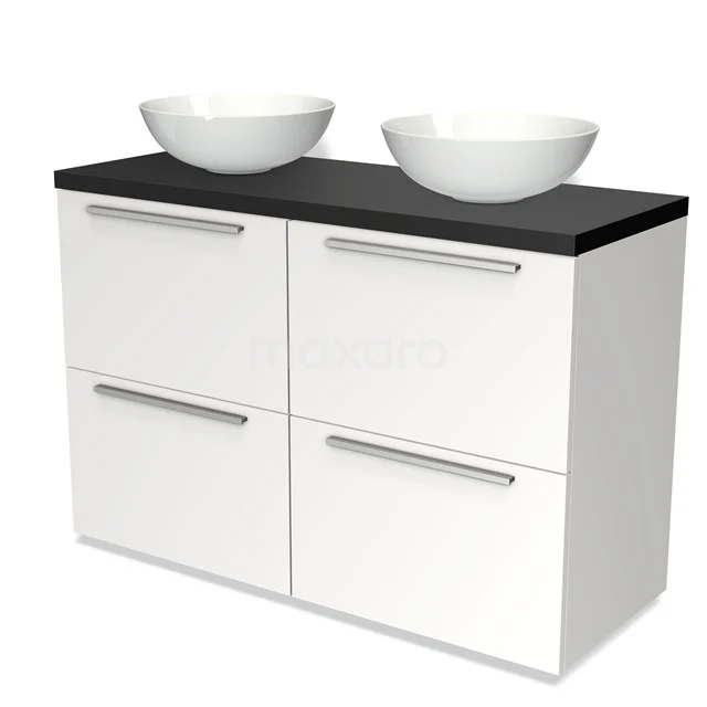 Modulo Plato Vanity units for countertop basin | 120 cm Matte white Flat front Matte black worktop 4 high drawers BMK14-00127