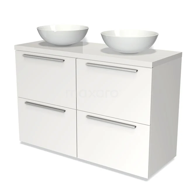 Badmöbel für Waschtischunterschrank mit Konsole 120cm Modulo Plato Matt Weiß 4 hohe Schubladen Flach Hochglanz Weiß Platte BMK14-00129 Weißes Badezimmermöbel mit doppelten Aufsatzwaschbecken, schlanken Metallgriffen und vier Schubladen, ideal für moderne Badezimmergestaltung.