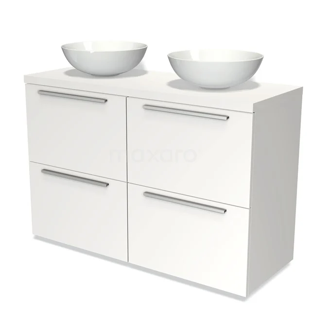 Weißer Badschrank mit Softclose-Schubladen, modernem Design, Doppelwaschbecken und verchromten Haltegriffen für ein stilvolles Badezimmer.