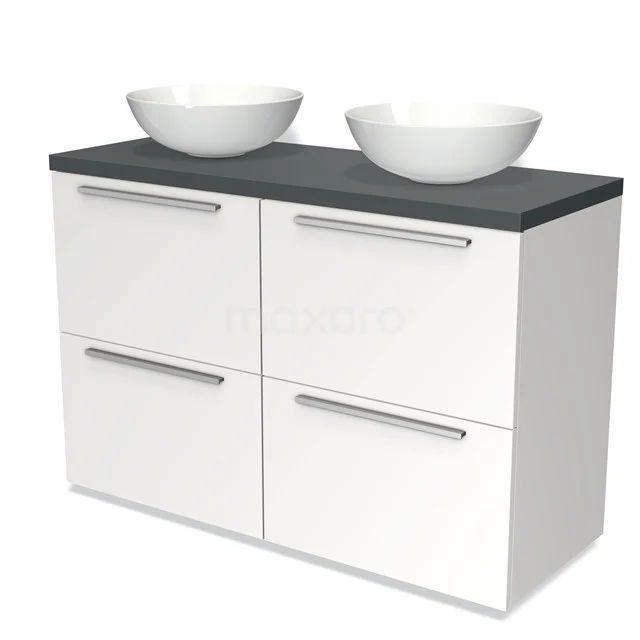 Weißes Badmöbel mit zwei runden Waschbecken, schwarzer Platte und vier Schubladen, modernes Design für stilvolle Badezimmerlagerung.