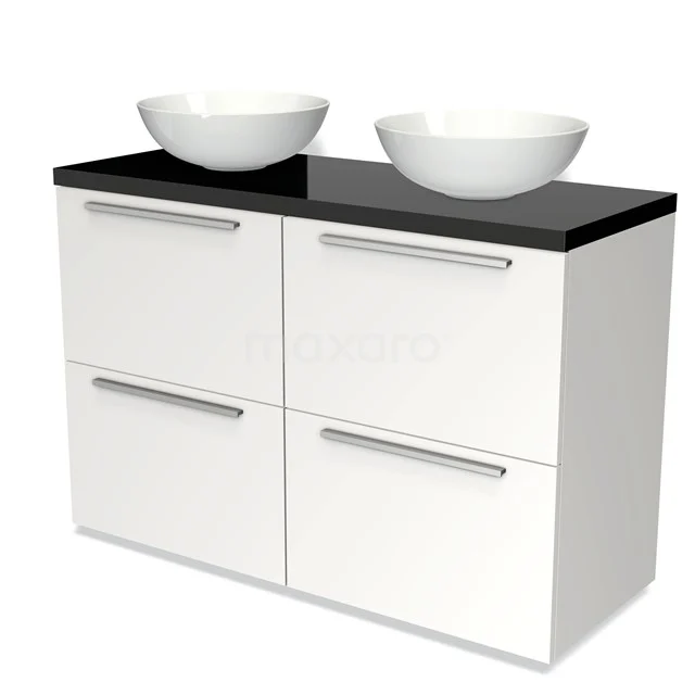 Modulo Plato Badmöbel mit Aufsatzwaschbecken | 120 cm Matt Weiß Flach front Hochglanz Schwarz blatt 4 hohe Schubladen BMK14-00132 Weiße Badmöbelset mit schwarzer Platte, doppelten keramischen Waschbecken und vier Schubladen, schlicht modernes Design.