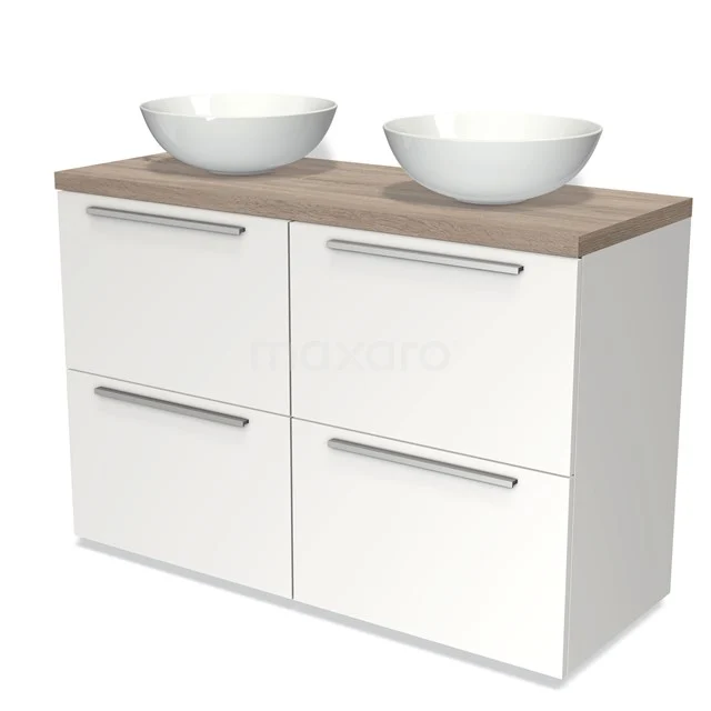 Badmöbel für Waschtischunterschrank mit Konsole 120cm Modulo Plato Matt Weiß 4 hohe Schubladen Flache Platte aus Eiche BMK14-00133 Weißes Badezimmermöbel mit 4 Schubladen, holzfarbigem Oberblatt und zwei runden Waschbecken; modernes Design für ein stilvolles Badezimmer.