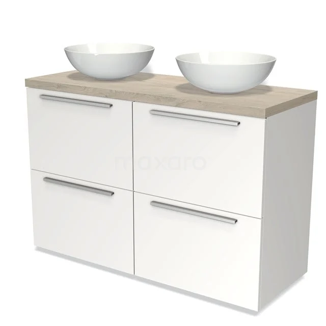 Weißes Badezimmermöbel mit zwei ovalen Aufsatzwaschbecken, Holzplatte und vier Schubladen mit Metallgriffen, modernes und schlankes Design.