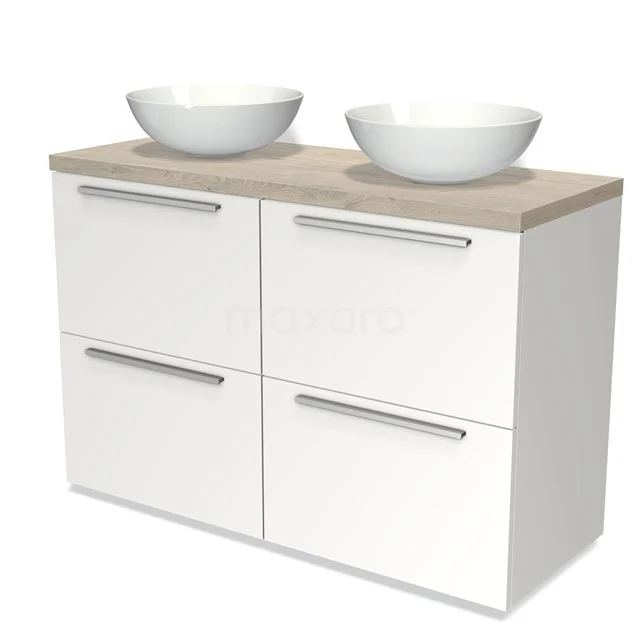 Weißes Badezimmermöbel mit zwei ovalen Aufsatzwaschbecken, Holzplatte und vier Schubladen mit Metallgriffen, modernes und schlankes Design.