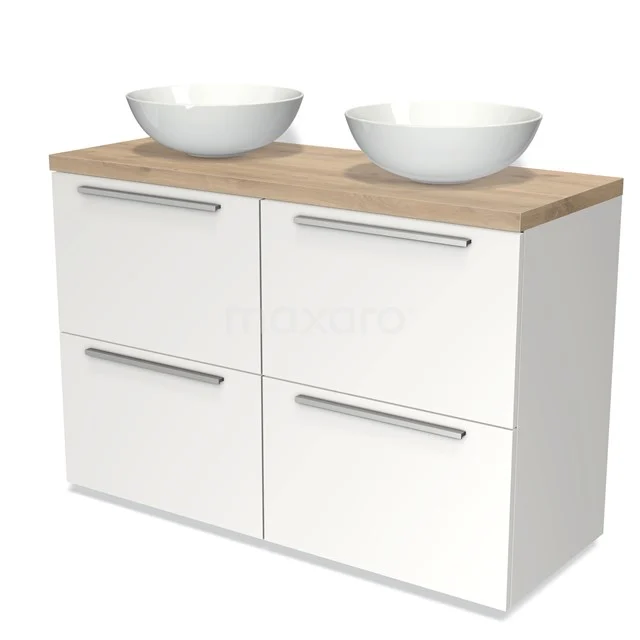 Weißes Badmöbel mit Eichenplatte, 4 Schubladen und 2 runden Waschbecken, modernes Design für ein stilvolles Badezimmer.