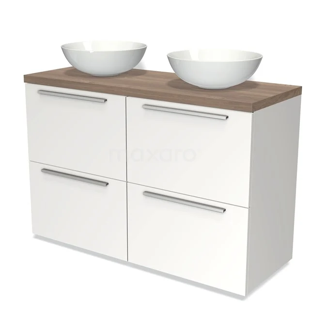 Badmöbel für Aufsatzwaschbecken 120cm Modulo Plato Matt Weiß 4 hohe Schubladen Flach Mittelbraune Eiche Platte BMK14-00136 Weiße Badmöbelset mit doppeltem keramischen Aufsatzwaschbecken und Holzplatte, modernes Design ideal für stilvolle Bäder.