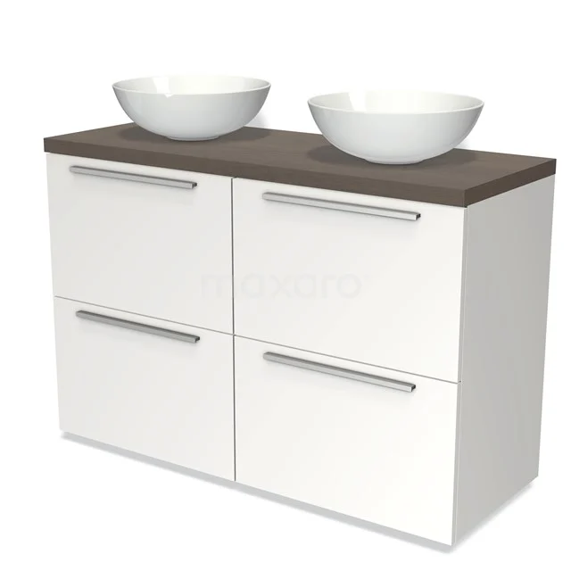 Modernes weißes Badmöbel mit Holzplatte, vier Schubladen und zwei runden Waschbecken. Perfekt für eine stilvolle Badezimmergestaltung.