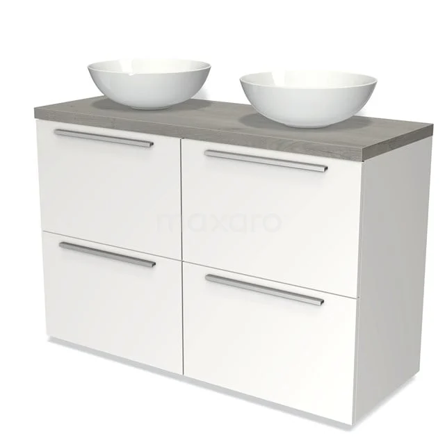 Badmöbel für Aufsatzwaschbecken 120cm Modulo Plato Matt Weiß 4 hohe Schubladen Flach Graue Eiche Platte BMK14-00138 Weißes Badezimmermöbel mit Doppelwaschbecken, graue Platte, vier Schubladen und modernem Design; ideal zum stilvollen Verstauen im Badezimmer.