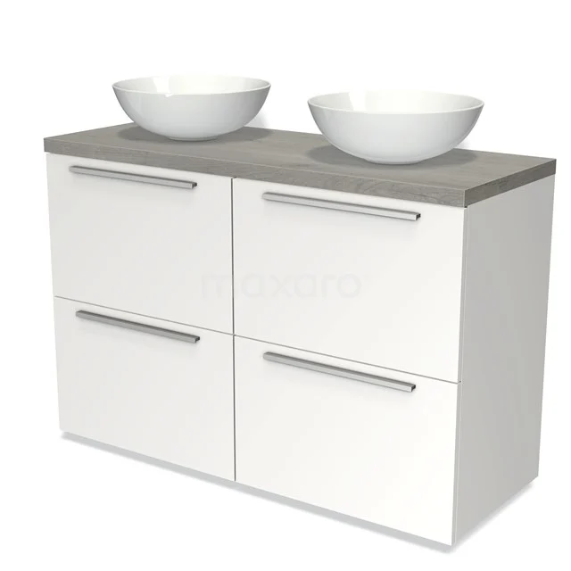 Weißes Badezimmermöbel mit Doppelwaschbecken, graue Platte, vier Schubladen und modernem Design; ideal zum stilvollen Verstauen im Badezimmer.