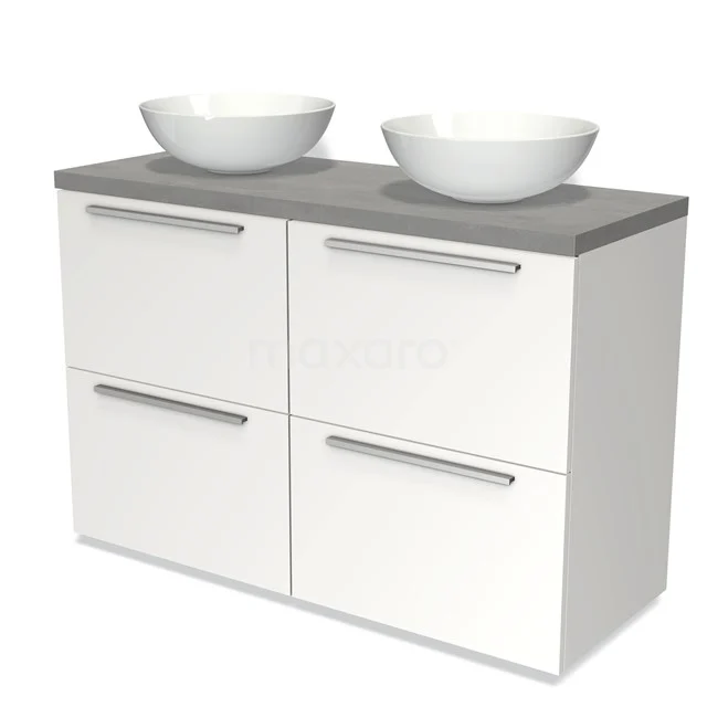 Weißes Badezimmermöbel mit vier Schubladen, grauer Platte und doppelten runden Waschbecken, modernes Design für ein stilvolles Badezimmer.