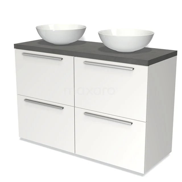 Weißes Badezimmermöbel mit doppelten Aufsatzwaschbecken, Dunkelgrau Platte und vier Schubladen, modernes Design und metallische Griffe.
