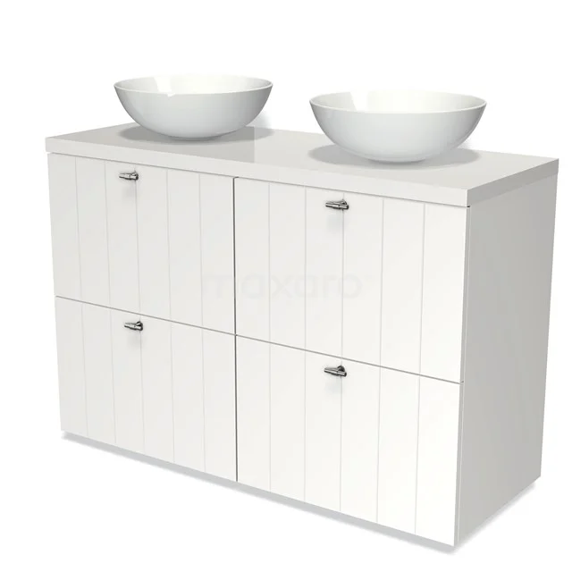 Modulo Plato Vanity units for countertop basin | 120 cm Matte white Slat front High-gloss white worktop 4 high drawers BMK14-00143 White double bathroom unit with two round countertop wash basins and vertical groove details, ideal for stylish bathroom storage.