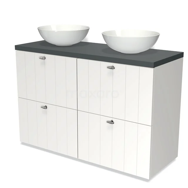 White bathroom furniture set with a dark grey worktop and double round countertop wash basins, ideal for modern bathroom design.