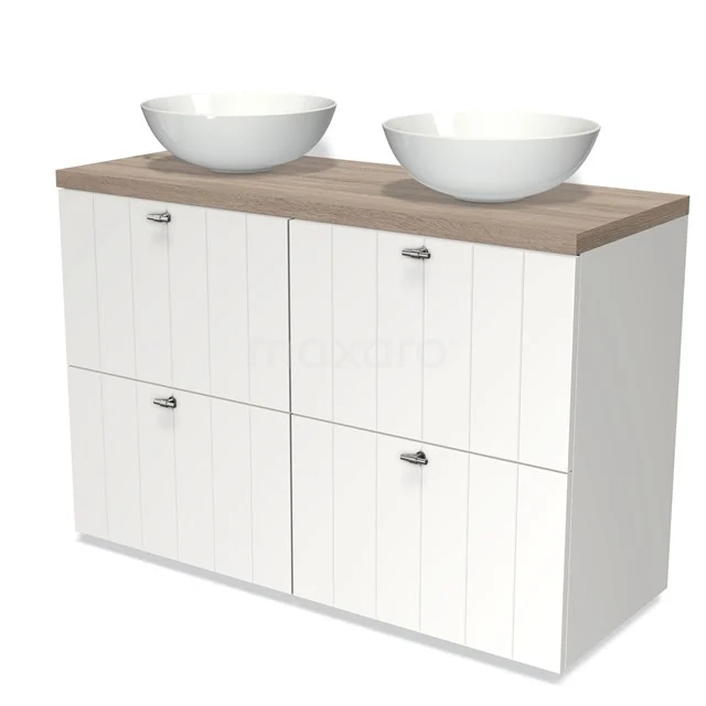 White bathroom unit with wood-look worktop, double ceramic countertop wash basin and 4 doors with subtle groove details.