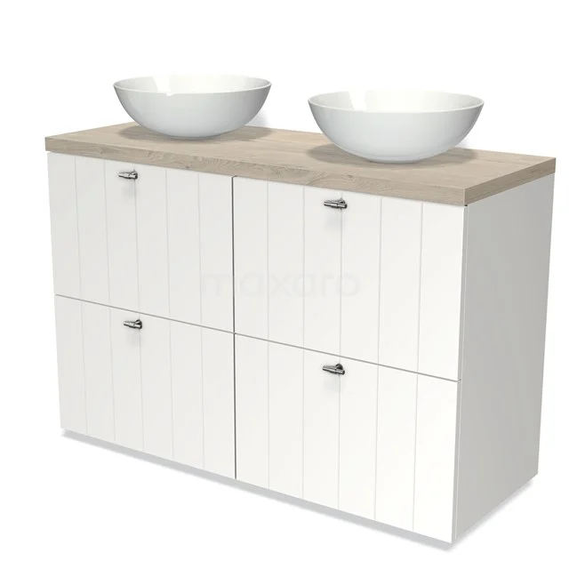 Modulo Plato Badmöbel mit Aufsatzwaschbecken | 120 cm Matt Weiß Lamelle front Hellgraue Eiche blatt 4 hohe Schubladen BMK14-00148 Weißes Badezimmermöbel mit Holzlook Platte, Doppelwaschbecken und Paneeltüren, ideal für eine moderne Badezimmer Einrichtung.