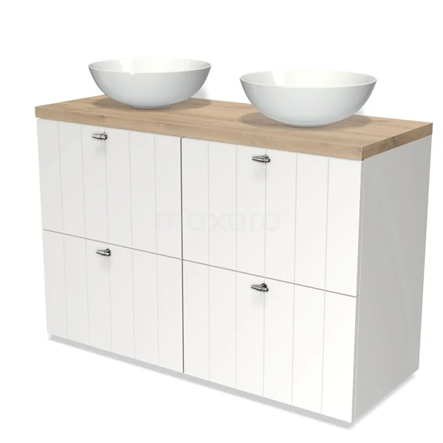 Modulo Plato Badmöbel mit Aufsatzwaschbecken | 120 cm Matt Weiß Lamelle front Hellbraune Eiche blatt 4 hohe Schubladen BMK14-00149 Weiße Badmöbelset mit Holzplatte und zwei runden Aufsatzwaschbecken, moderner Stil, ideal für Badezimmerlagerung.