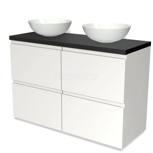 Badmöbel für Waschtischunterschrank mit Konsole 120cm Modulo Plato Matt Weiß 4 hohe Schubladen Grifflos Matt Schwarz Platte BMK14-00155 Weiße Badmöbelset mit schwarzer Platte und doppelten runden Aufsatzwaschbecken, modernes Design und praktischer Stauraum.