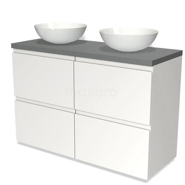 Badmöbel für Waschtischunterschrank 120cm Modulo Plato Matt Weiß 4 hohe Schubladen Grifflos Mittelgrau Platte BMK14-00156 Weißes Badezimmermöbel mit doppelten Aufsatzwaschbecken, grauer Steinplatte und vier Schubladen, stilvoll und praktisch für jedes moderne Badezimmer.