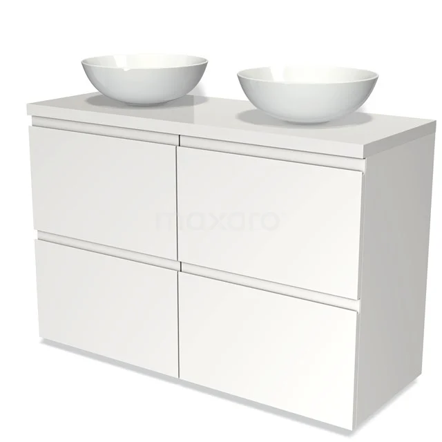 Weißes Badezimmermöbel mit doppelten Aufsatzwaschbecken, modernem Stil und klarer Verarbeitung, ideal für eine stilvolle Badezimmergestaltung.