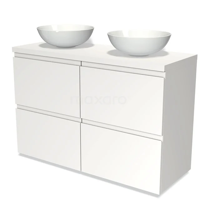 Weißes Badmöbel mit doppelten runden Waschbecken, modernes Design, ideal für stilvolle Bäder.