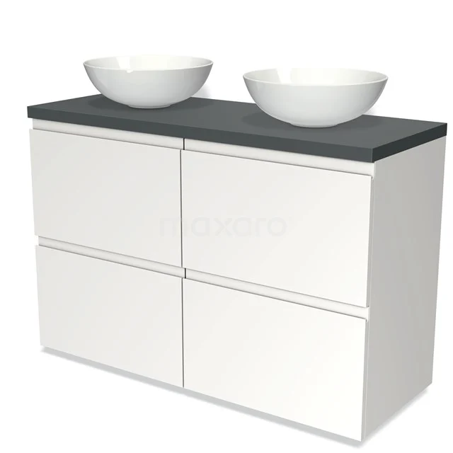 Weißes Badezimmermöbel mit schwarzer Steinplatte, doppelten Aufsatzwaschbecken, modernem Design und Softclose-Schubladen.