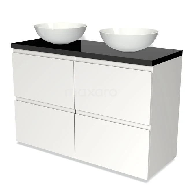 Weißes Badezimmermöbel mit schwarzer Platte und zwei runden Waschbecken, modernes Design, ideal für eine stilvolle Badezimmergestaltung.