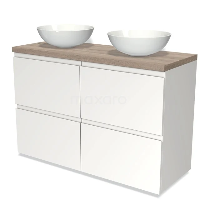 Badmöbel für Aufsatzwaschbecken 120cm Modulo Plato Matt Weiß 4 hohe Schubladen Grifflose Platte aus Eiche BMK14-00161 Weißes hängendes Badezimmermöbel mit Holzplatte und keramischen Aufsatzwaschbecken, schlichtes Design mit vier Schubladen.