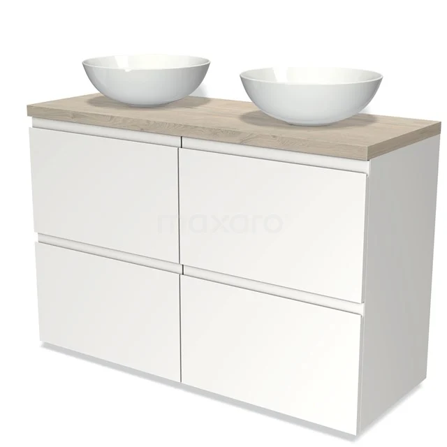 Weißes Badezimmermöbel mit Holzplatte, doppelten Aufsatzwaschbecken und Softclose Schubladen, ideal für ein modernes Badezimmer.