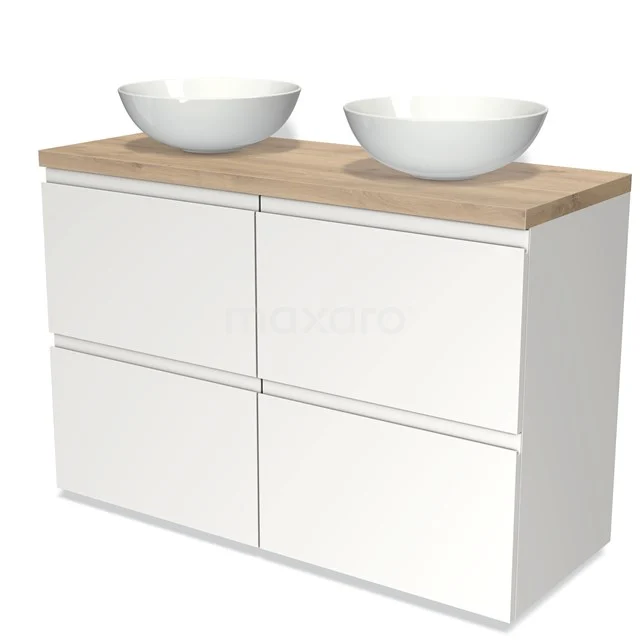 Weißes Badezimmermöbel mit Holzplatte und doppelten runden Waschbecken, modernes Design für stilvolle Badezimmerlagerung.