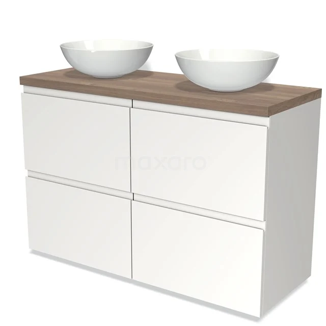 Badmöbel für Aufsatzwaschbecken 120cm Modulo Plato Matt Weiß 4 hohe Schubladen Grifflos mittelbraune Eiche Platte BMK14-00164 Weißes Badezimmermöbel mit Holzlook-Platte, doppeltem Aufsatzwaschbecken und vier Schubladen, modernes Design für stilvolle Bäder.