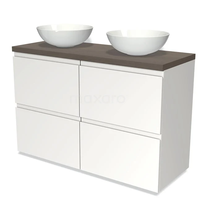 Badmöbel für Aufsatzwaschbecken 120cm Modulo Plato Matt Weiß 4 hohe Schubladen Grifflose dunkelbraune Eiche Platte BMK14-00165 Weißes Holz Badezimmermöbel mit Doppelwaschbecken, abgerundeten ovalen Schalen und einer dunkelholzfarbigen Platte.