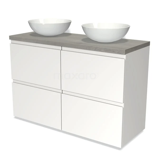 Badmöbel für Aufsatzwaschbecken 120cm Modulo Plato Matt Weiß 4 hohe Schubladen Grifflos Graue Eiche Platte BMK14-00166 Weißes Badmöbel mit zwei runden keramischen Aufsatzwaschbecken und einer grauen Betonplatte, modernes Design für Bäder.