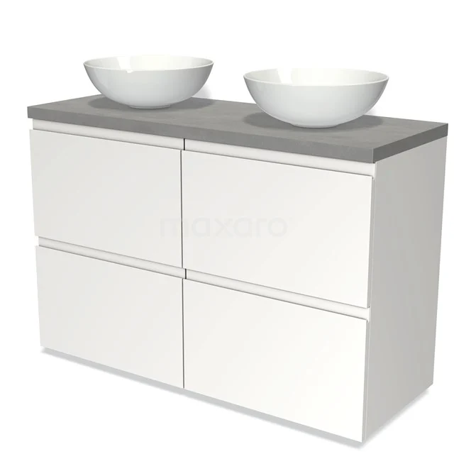 Badmöbel für Aufsatzwaschbecken 120cm Modulo Plato Matt Weiß 4 hohe Schubladen Grifflos hellgrauer Beton Platte BMK14-00167 Weißes hängendes Badezimmermöbel mit grauer Platte und doppelten Aufsatzwaschbecken, straffes Design und moderne Stauraumfächer.