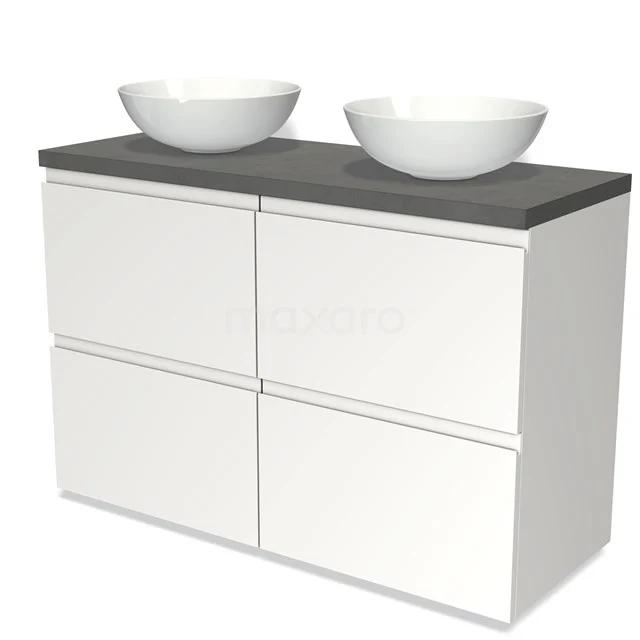 Badmöbel für Aufsatzwaschbecken 120cm Modulo Plato Matt Weiß 4 hohe Schubladen Grifflos Dunkelgrauer Beton Platte BMK14-00168 Weißes schwebendes Badezimmermöbel mit vier Schubladen, anthrazit Platte und zwei runden Aufsatzwaschbecken, ideal für ein modernes Badezimmer.
