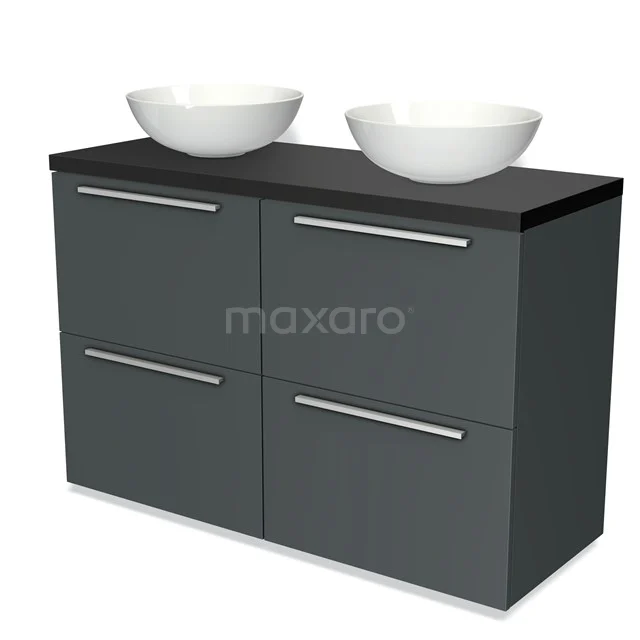 Dunkelgraue Badmöbelset mit Matt Schwarz Oberfläche und doppelten weißen Schalen, modernes Design und schlichte Metallgriffe.