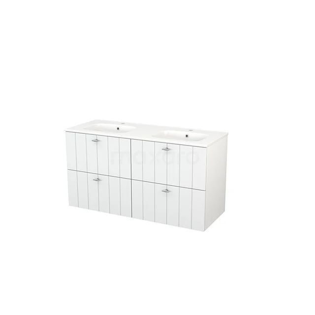 Modulo+ Vanity units with basin | 120 cm High-gloss white Slat front Ceramic 4 drawers BMP003940 White double vanity unit with four drawers, wooden panel design, ideal for stylish bathroom storage.