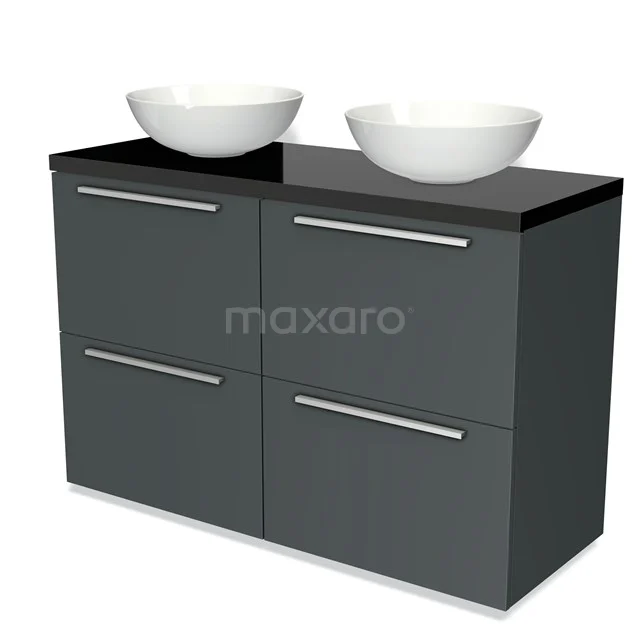 Dunkelgrau Badmöbel mit schwarzer Oberseite, vier Schubladen und zwei weißen Porzellan Aufsatzwaschbecken, modernes und elegantes Design.